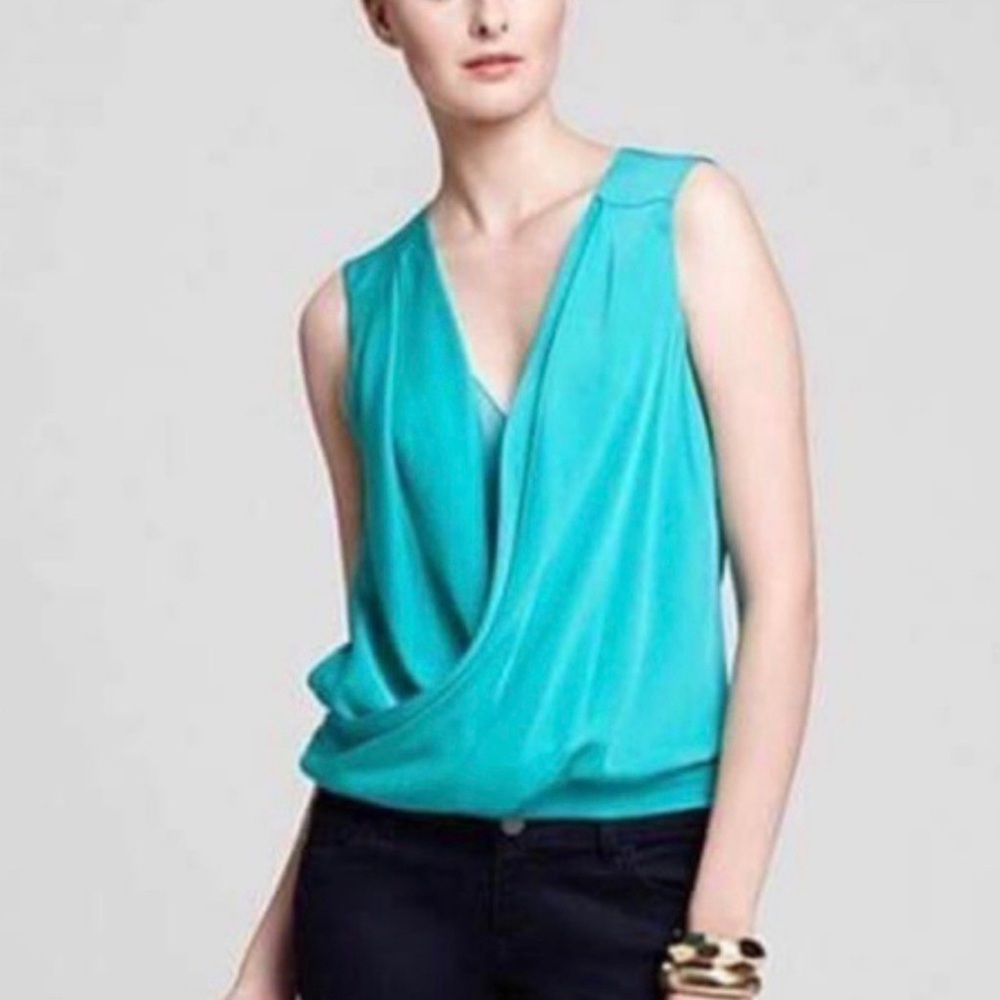Diane Von Furstenberg Turquoise Draped V-Neck Sleeveless Blouse